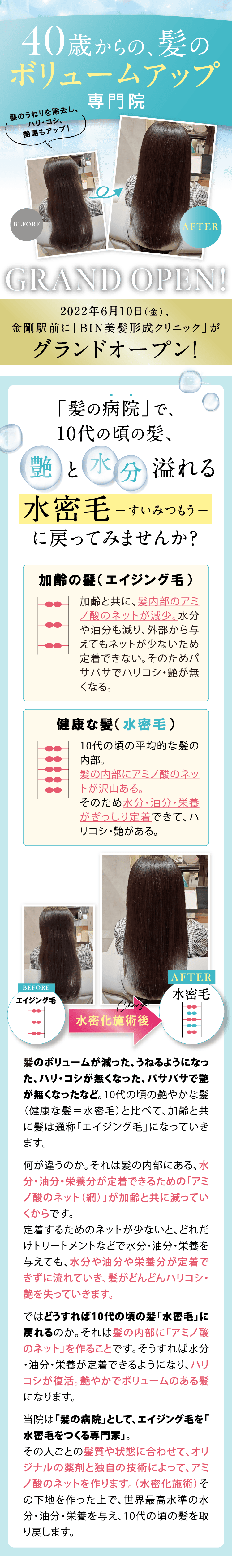 40歳からの髪のボリュームアップ専門院　BIN美髪形成サロン。金剛駅前に「BIN美髪形成サロン」がグランドオープン！「髪の病院」で、10代の頃の髪、「艶」と「水分」溢れる水密毛（すいみつもう）に戻ってみませんか？